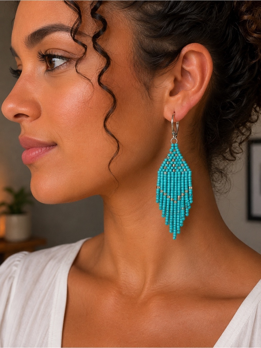 Turquoise Beaded Fringe Earrings 3.5 inch